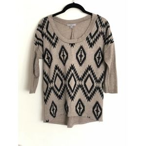 Womens Tribal Pattern Sweater 3/4 Sleeve Taupe Black Sz XS